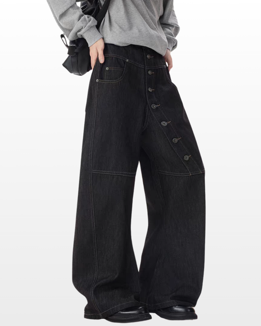 Oblique Button Baggy Jeans