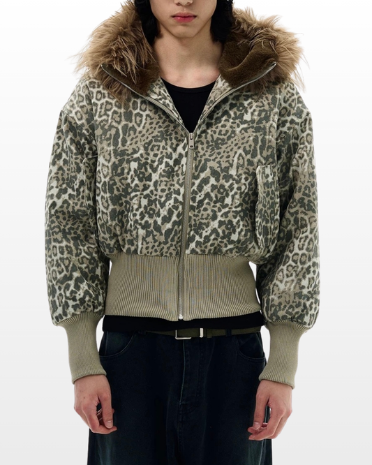 Leopard Fur Hood Bomber