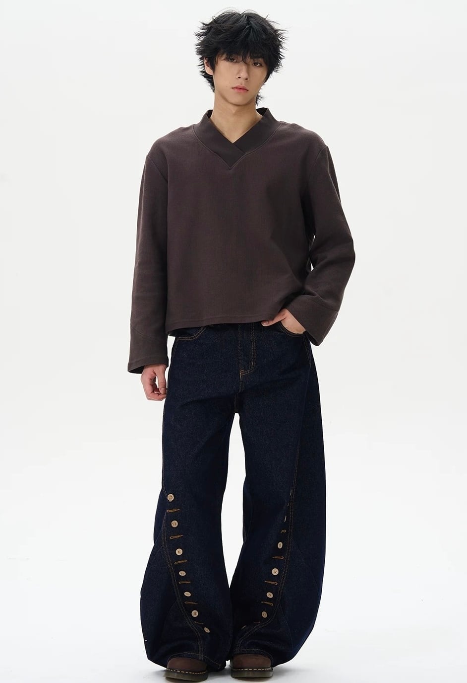 【一部即納】Buttoned Wide-Leg Jeans