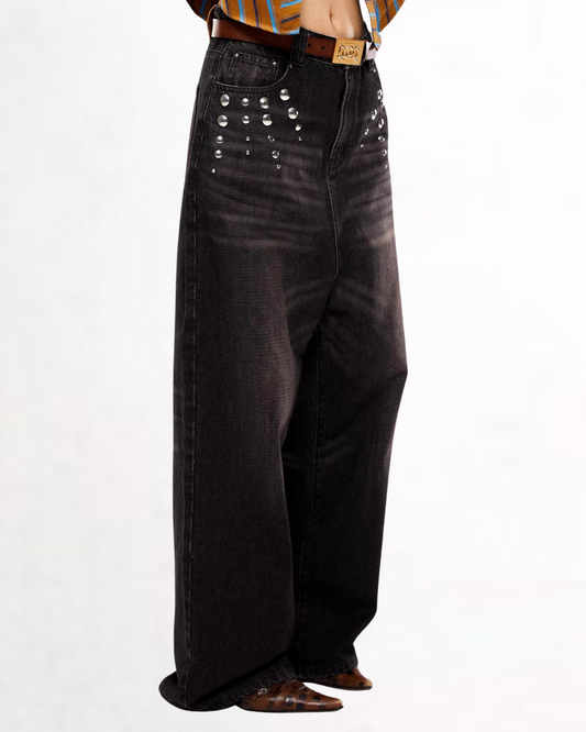 Studded Wide-Leg Denim Pants